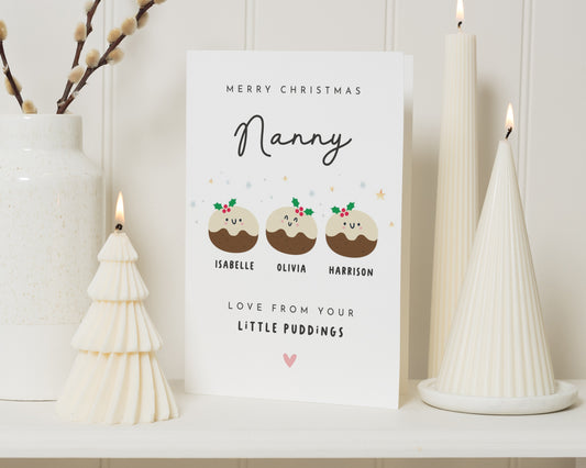 Christmas Card for Nanny, Personalised Christmas Card, Nanny Christmas Card From Grandchildren, Cute Christmas Pudding Xmas Card