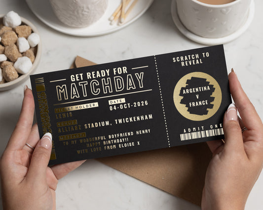 Personalised Matchday Ticket Gift, Football Scratch To Reveal, Birthday Gift For Him, Gold Foil Experience Voucher
