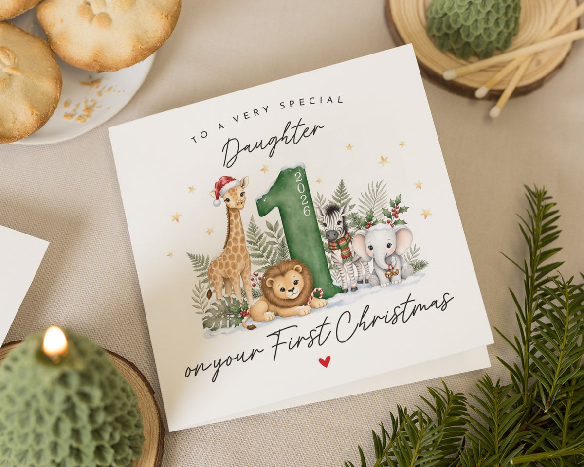 Daughter First Christmas Card, 1st Christmas Card for Daughter, Baby Girl Christmas Card, Safari Animal Christmas Card, Zoo Christmas Card