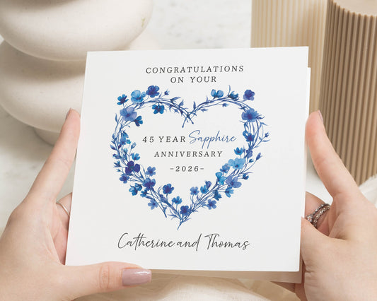 45 Year Sapphire Anniversary Card, Personalised Anniversary Card for Mum and Dad, Floral Heart Card, Anniversary Card for Couple