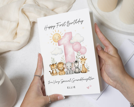 First Birthday Card for Granddaughter, 1st Birthday Card Girl, Personalised Birthday Card, Safari Jungle Animal Birthday Card