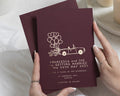 Gold Foil Wedding Invitations, Burgundy Wedding Invites, Hand Drawn Car and Balloon Invitation, Personalised Fun Wedding Invite
