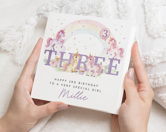 3rd Birthday Card for Girl, Unicorn Birthday Card, Personalised Birthday Card, Birthday Card for Daughter, Third Birthday Card