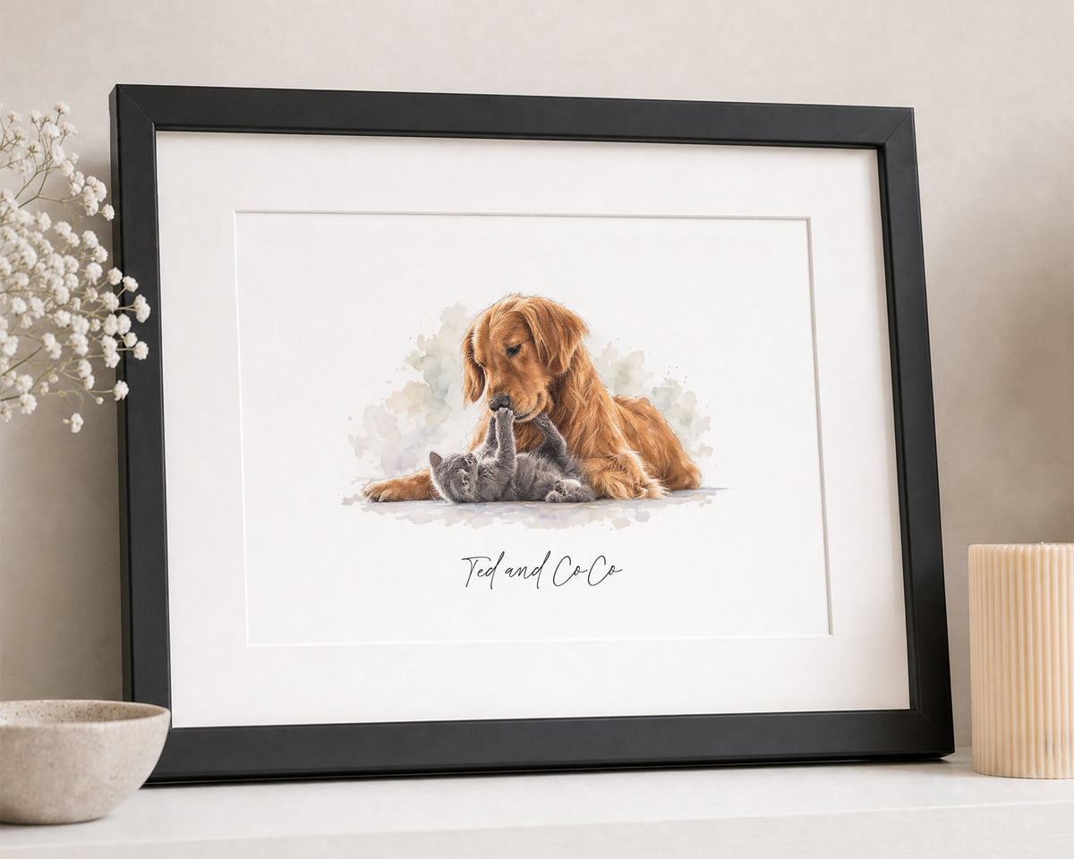 Personalised Pet Print, Dog and Cat Wall Art, Custom Pet Name Print, Watercolour Animal Art, Pet Lover Gift, Black Framed Print