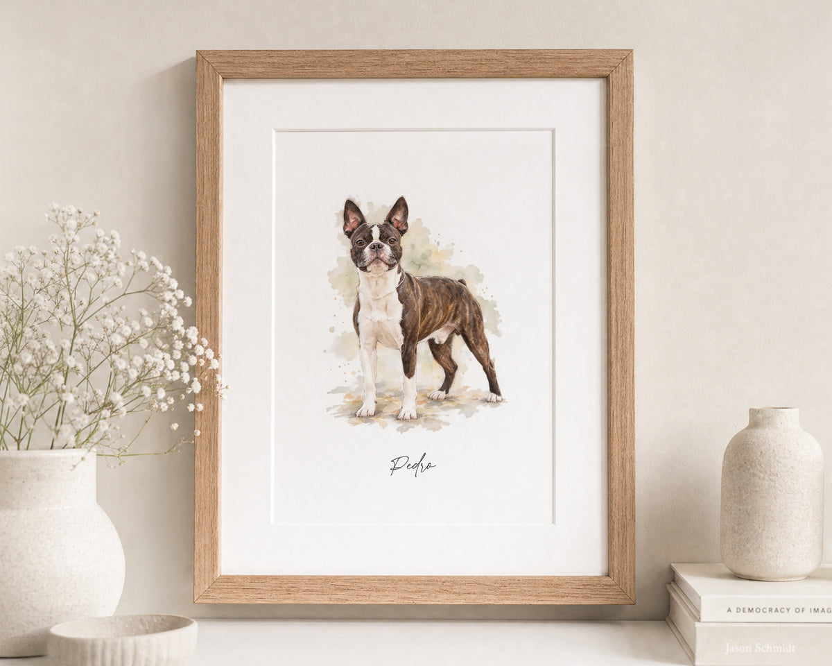 Personalised Pet Portrait from Your Photo, Custom Dog or Pet Wall Art, Pet Name Print, Dog Lover Gift, Watercolour Art, Oak Framed Print