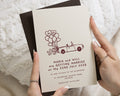 Ivory Wedding Invitations with Chocolate Brown Envelopes, Illustrated Getaway Car Wedding Invites, Heart Balloon Personalised Invitations
