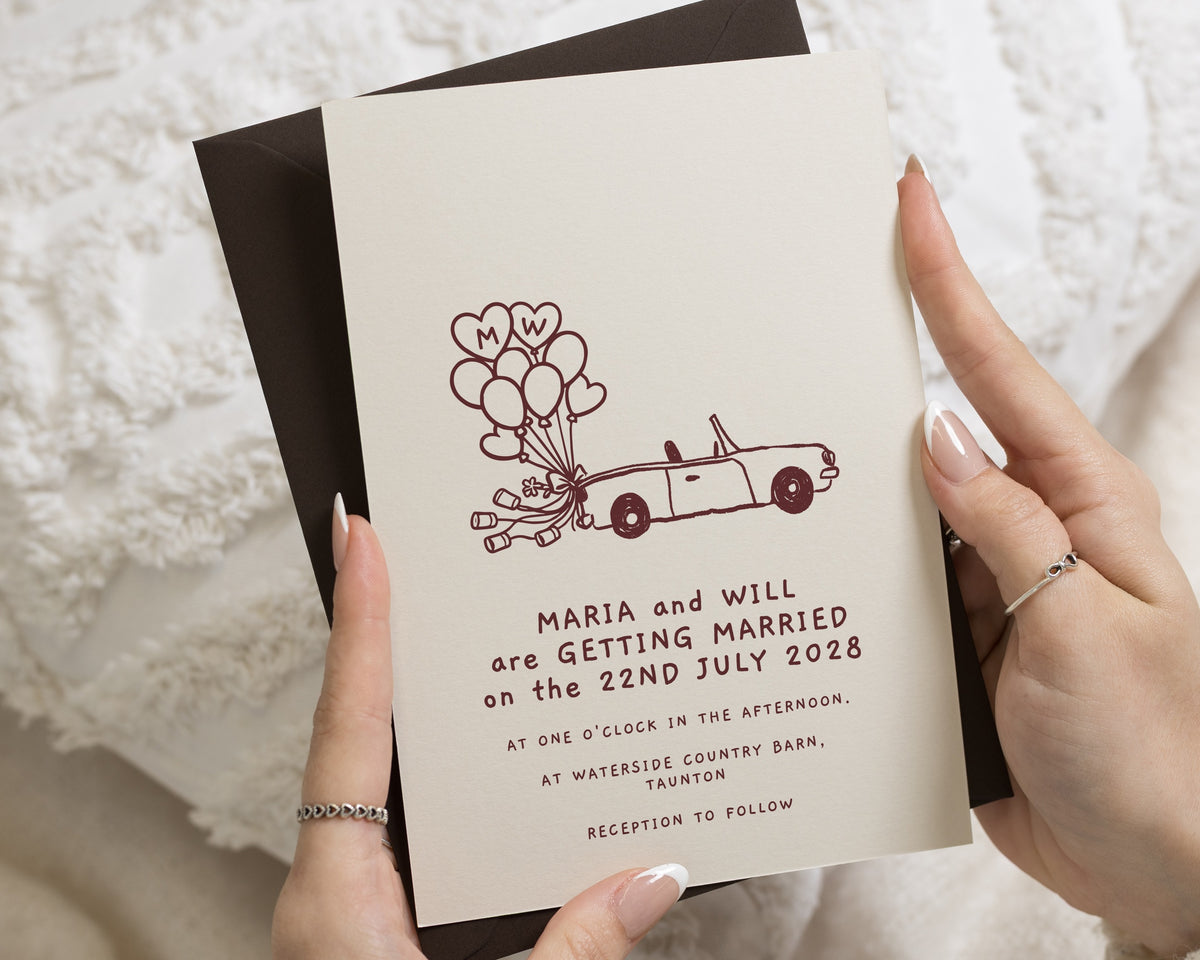 Ivory Wedding Invitations with Chocolate Brown Envelopes, Illustrated Getaway Car Wedding Invites, Heart Balloon Personalised Invitations