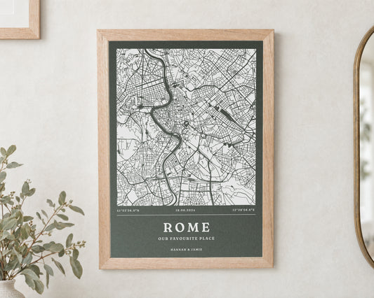 Personalised Map Print, Custom Location Wall Art, Coordinates Print, Dark Green Wall Art, New Home Gift, Anniversary Gift for Couple