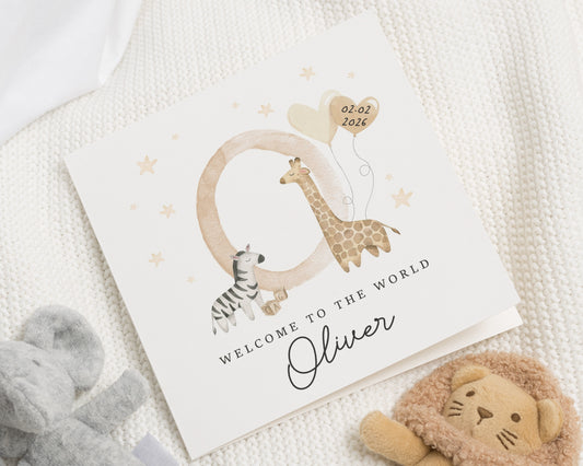 Personalised New Baby Card, Safari Animal Card, Baby Boy Card, Baby Girl Card, Giraffe Zebra Card, Custom Name Card