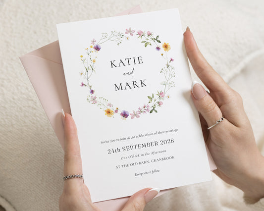 Blush Pink Wildflower Wedding Invitations, Floral Wreath Wedding Invite, Botanical Garden Wedding Stationery, Personalised Suite