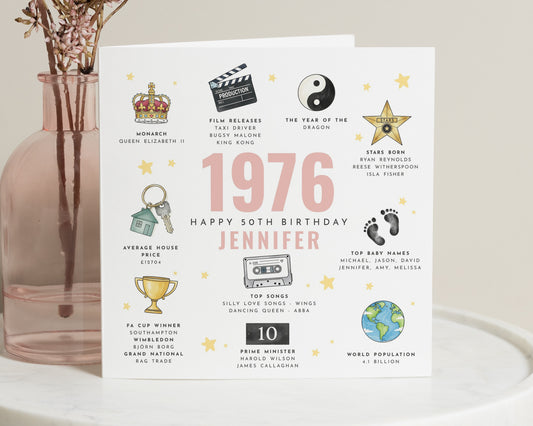 50th Birthday Card for Her, 1976 Birthday Card, Personalised 50th Birthday Card, Milestone Birthday Card, Birthday Card for Women