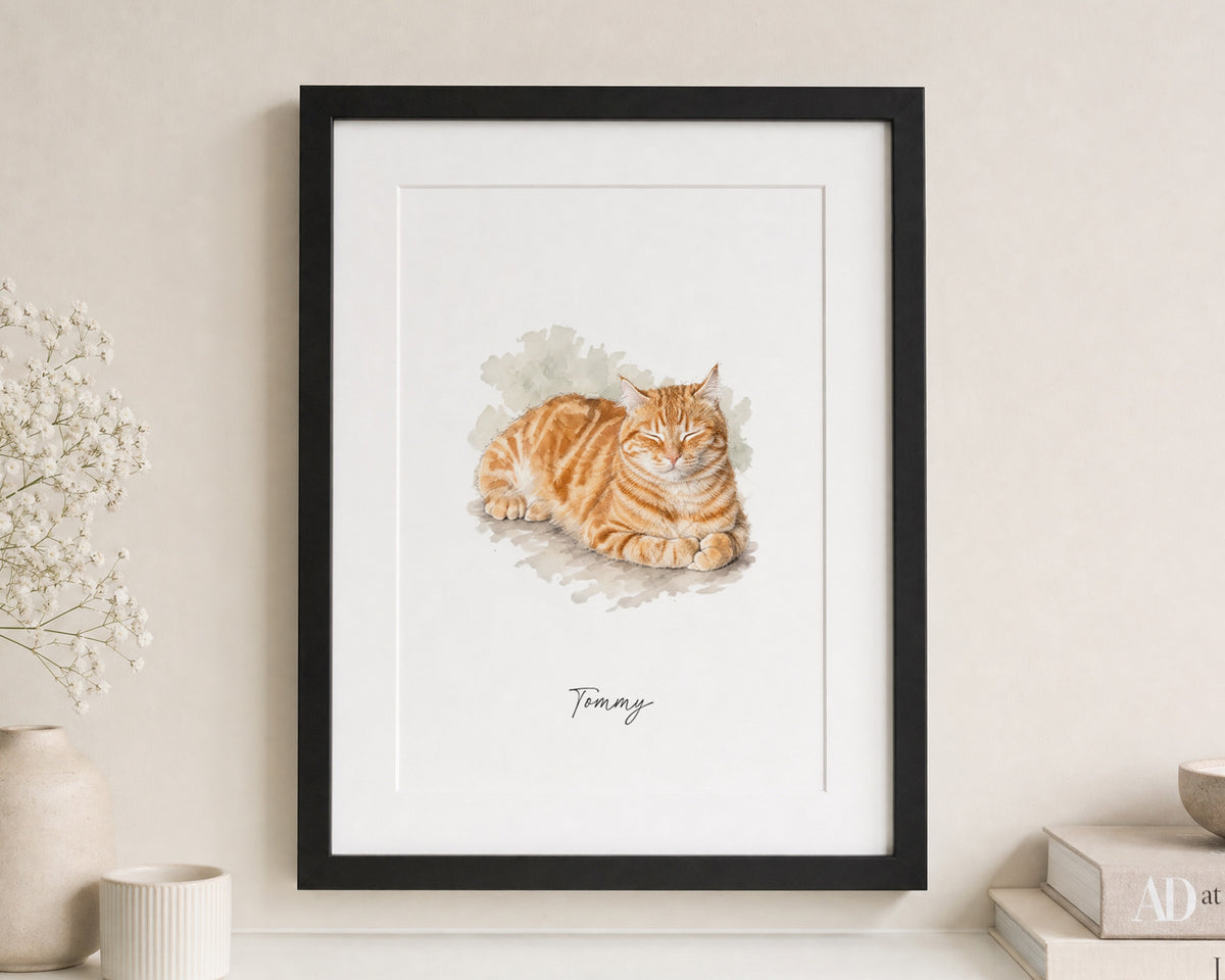 Personalised Cat Print, Custom Pet Name Wall Art, Watercolour Cat Gift for Cat Lover, Pet Owner Gift, Black Framed Print With Mount