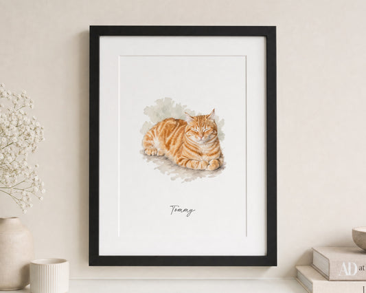 Personalised Cat Print, Custom Pet Name Wall Art, Watercolour Cat Gift for Cat Lover, Pet Owner Gift, Black Framed Print With Mount