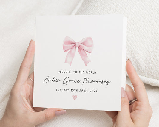 New Baby Card, Personalised Baby Girl Card, Welcome To The World Card, Baby Girl Congratulations Card, Pink Bow Card