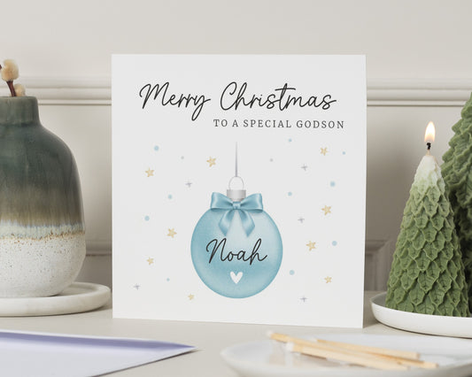Christmas Card for Godson, Personalised Godson Christmas Card, Merry Christmas Card for Boy, Special Godson Card, Bauble Card