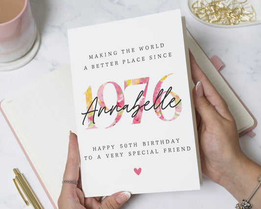 50th Birthday Card, Personalised Birthday Card for Friend, Floral Birthday Card for Her, Custom 50th Birthday Cards for Women
