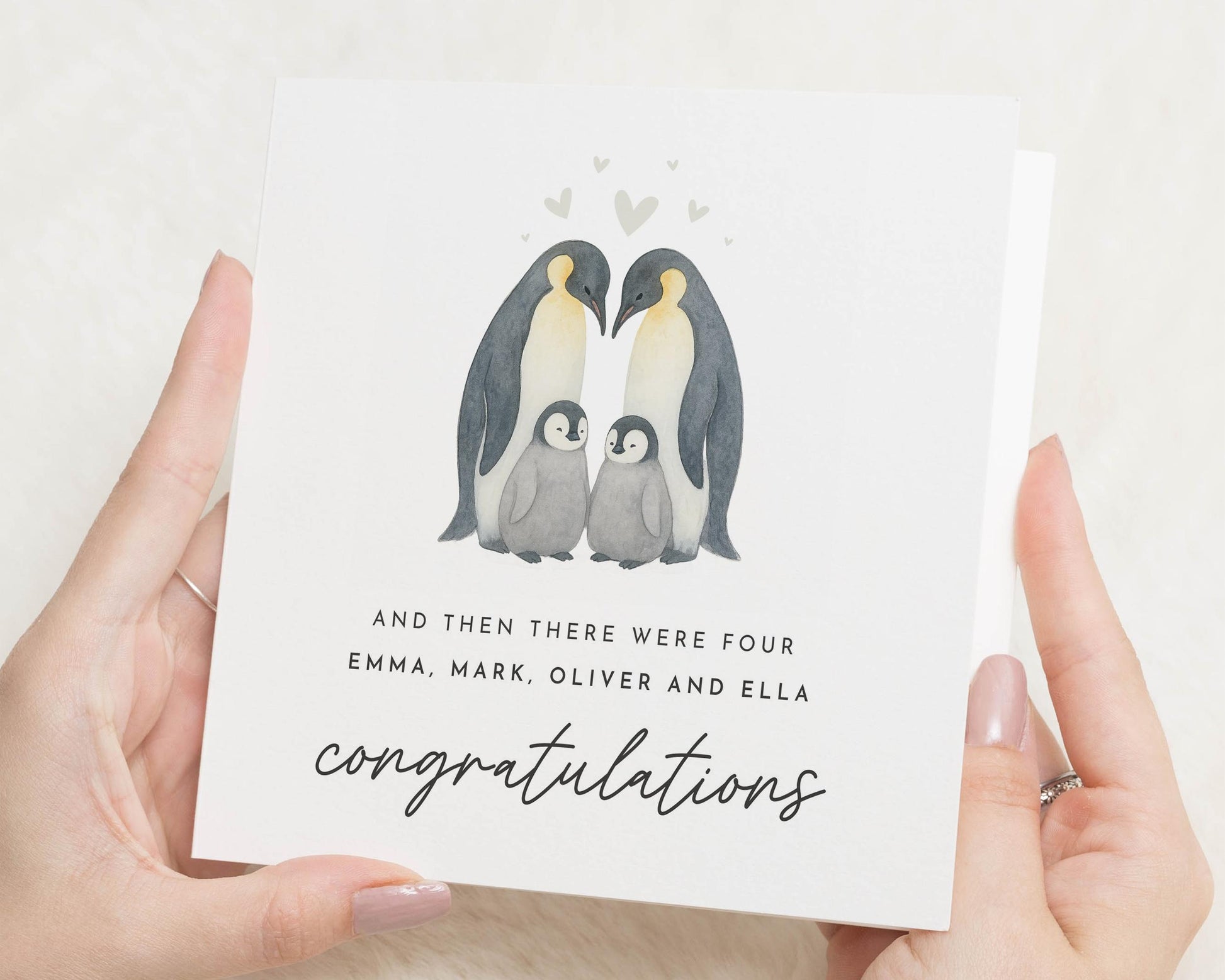 New Baby Card, Family of Four Card, Then There Were Four, Penguin Family Card, Congratulations Card, Personalised Card, Animal Card