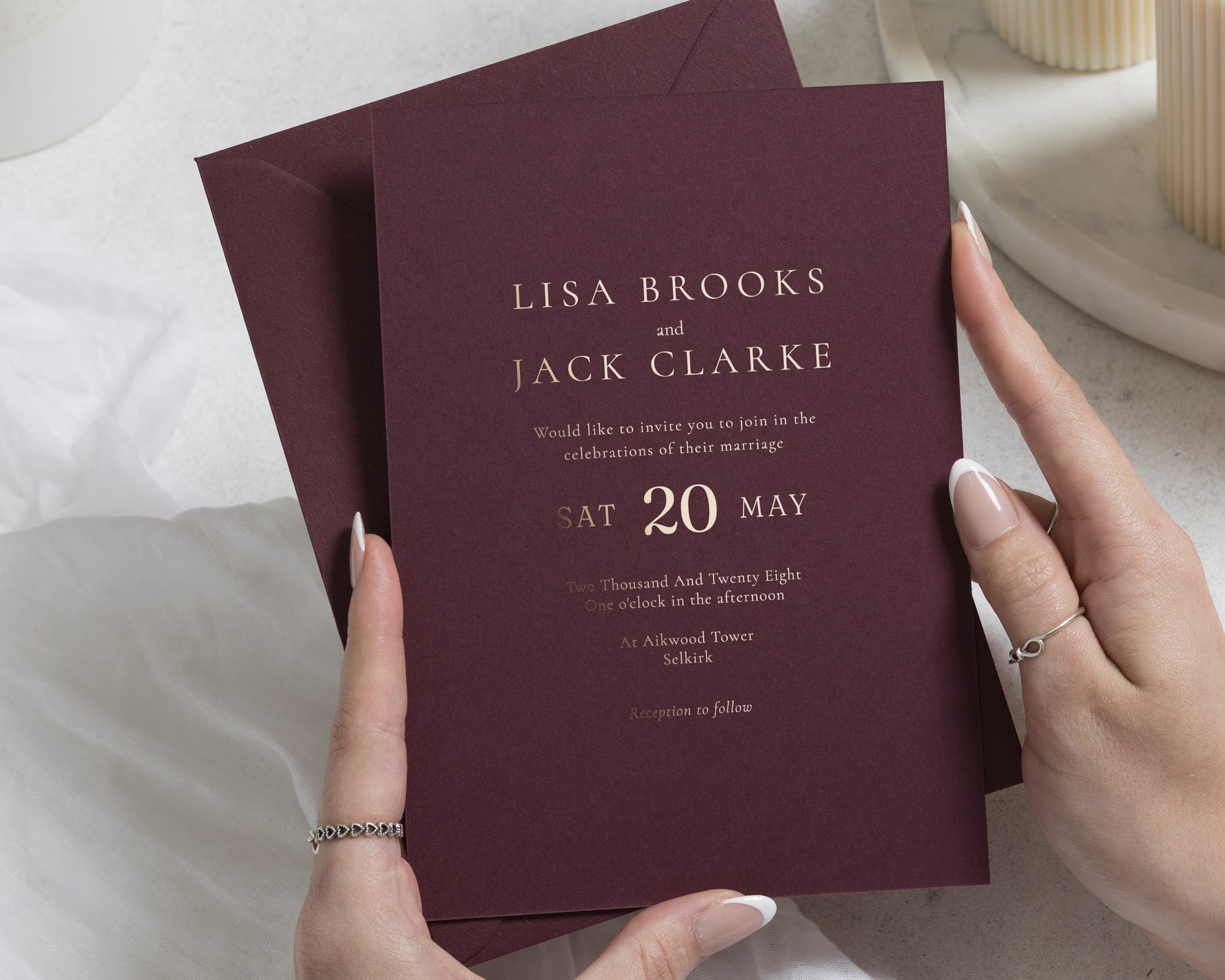Gold Foil Wedding Invitations, Burgundy Minimalist Wedding Invite, Elegant Typography Invitation, Personalised Formal Wedding Stationery