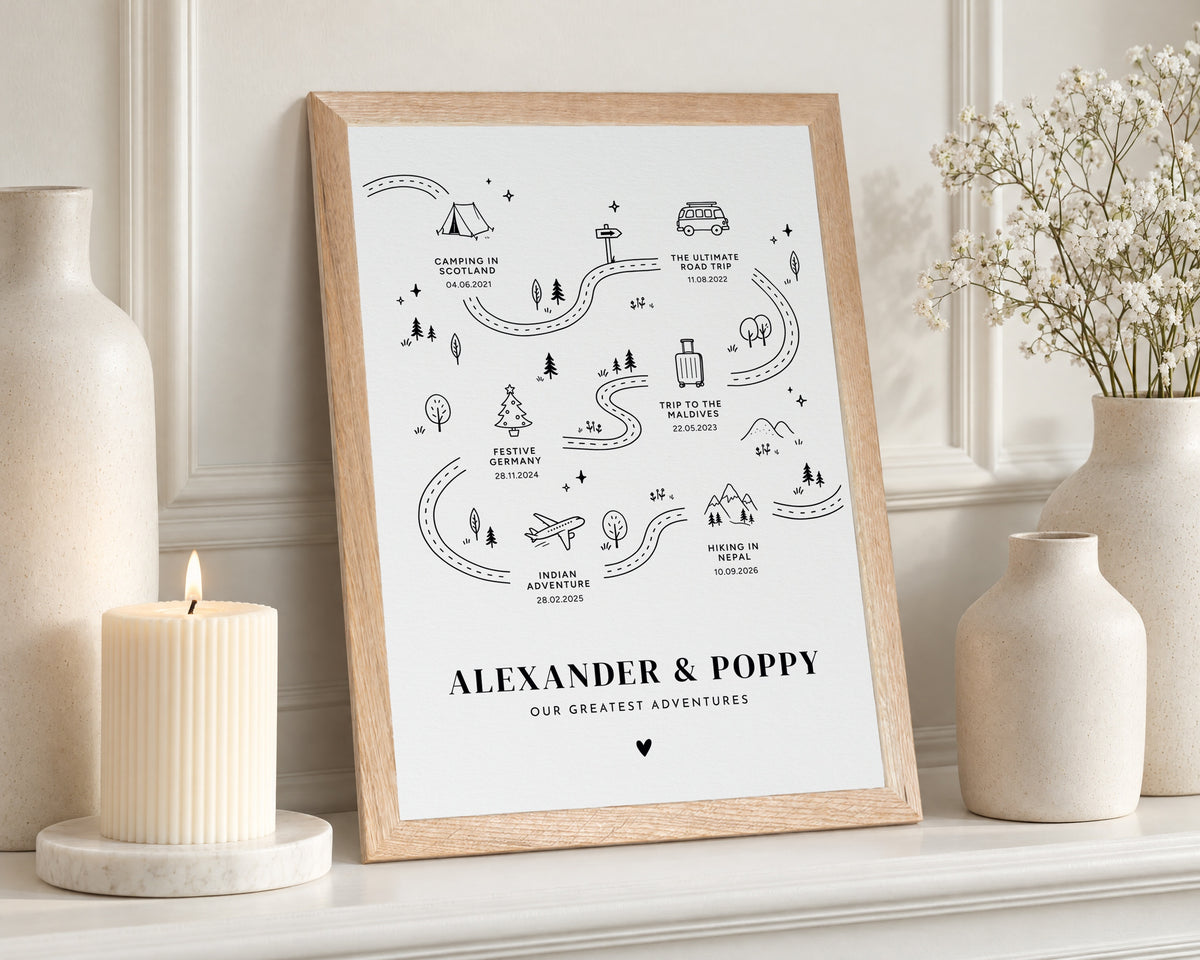 Personalised Travel Print, Couples Adventure Wall Art, Road Trip Gift, Anniversary Gift, Gift for Couple, Black Line Art, Oak Framed Print