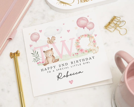 2nd Birthday Card for Girl, Personalised Birthday Card, Birthday Card for Daughter, Cute Animal Birthday Card, Special Little Girl Card