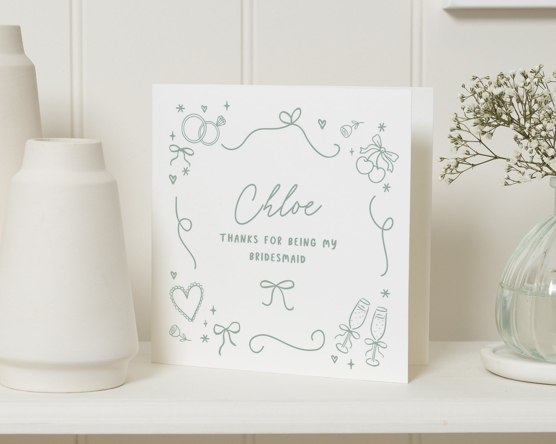 Bridesmaid Thank You Card, Personalised Bridesmaid Card, Wedding Day Thank You, Custom Bridal Party Card, Printed Bow Illustration Card