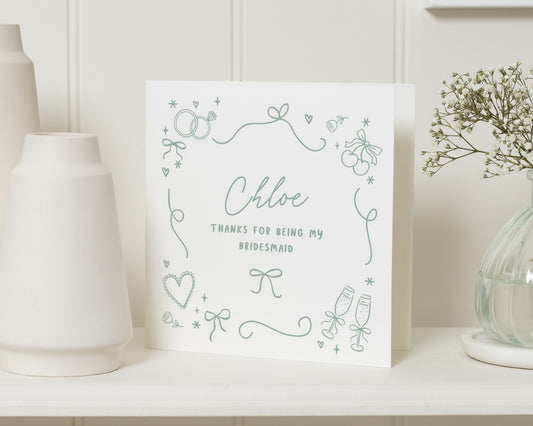 Bridesmaid Thank You Card, Personalised Bridesmaid Card, Wedding Day Thank You, Custom Bridal Party Card, Printed Bow Illustration Card