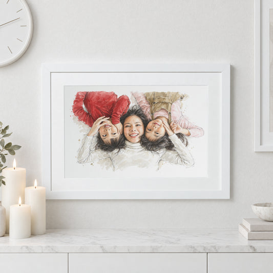 Personalised Family Portrait From Your Photo, Watercolour Print, Gift for Mum, Family Wall Art, Landscape White Framed Print