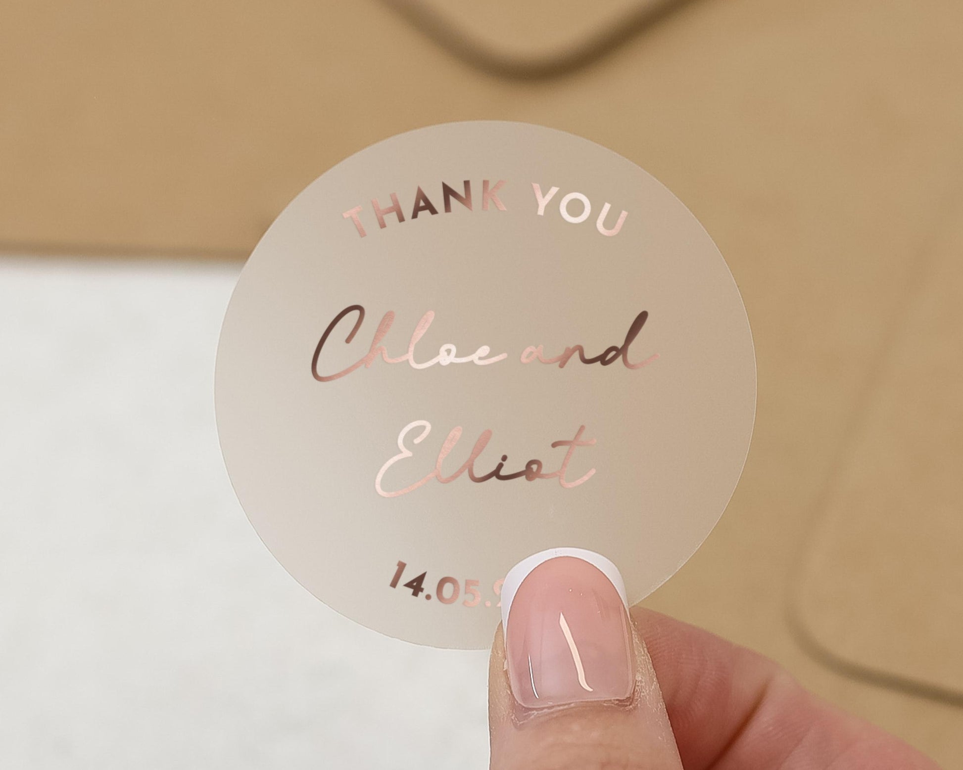 Thank You Sticker, Personalised Wedding Sticker, Custom Name Sticker, Rose Gold Foil, Wedding Favour Label, Round Thank You Sticker