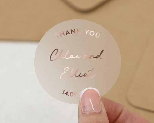 Thank You Sticker, Personalised Wedding Sticker, Custom Name Sticker, Rose Gold Foil, Wedding Favour Label, Round Thank You Sticker