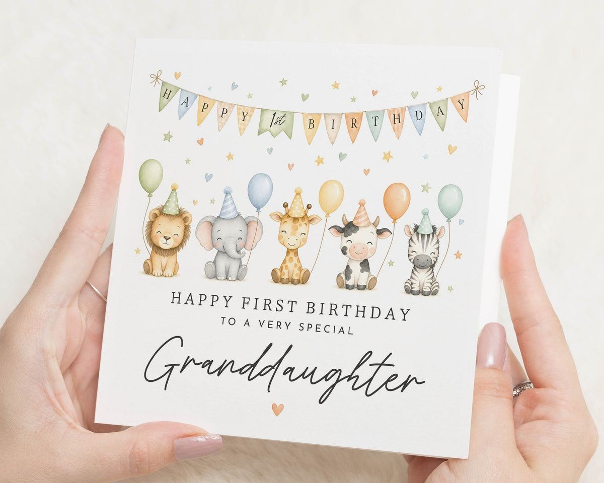 1st Birthday Card for Granddaughter, First Birthday Card, Birthday Card for Girl, Safari Birthday Card, Cute Jungle Animal Card