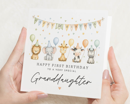 1st Birthday Card for Granddaughter, First Birthday Card, Birthday Card for Girl, Safari Birthday Card, Cute Jungle Animal Card