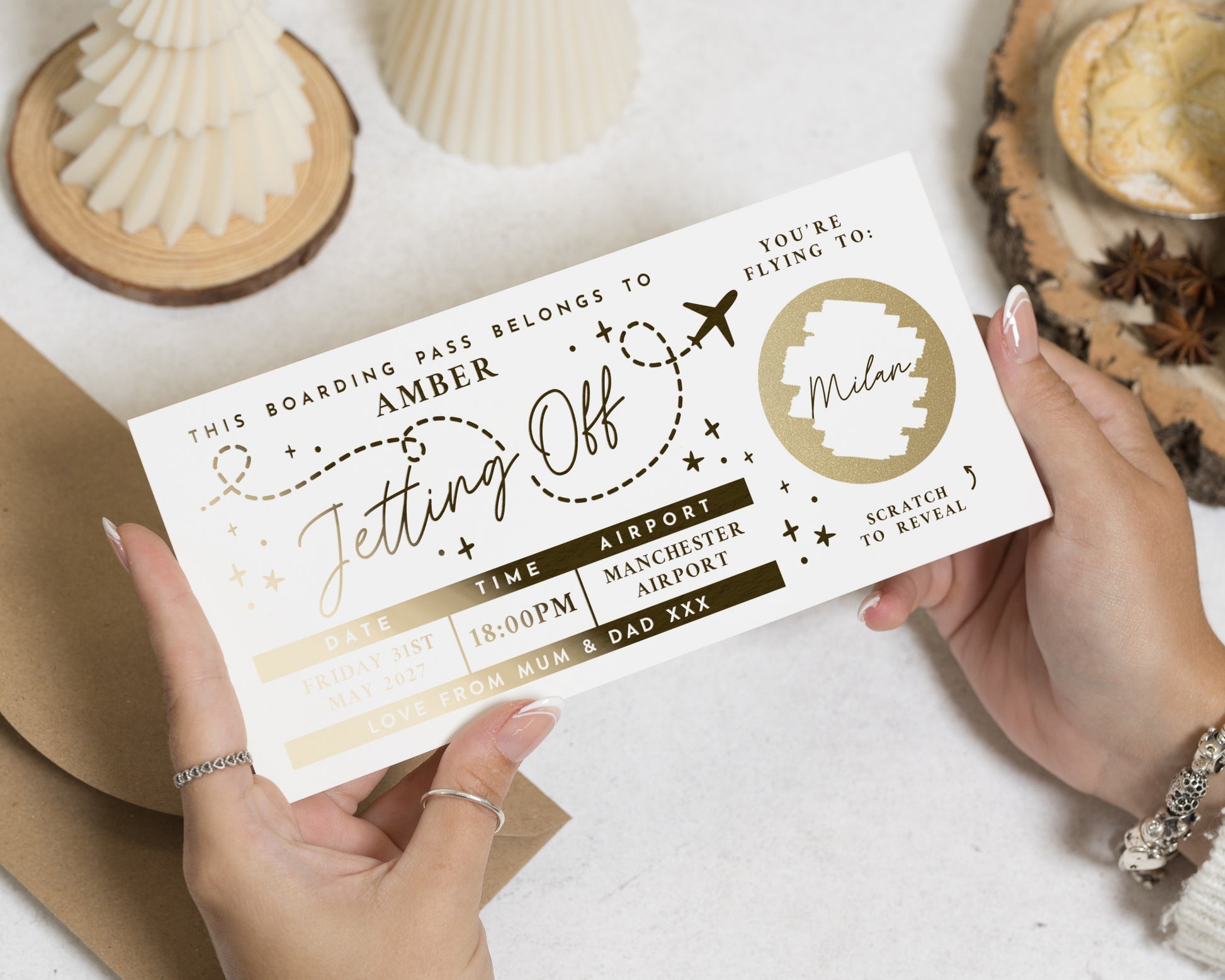 Personalised Holiday Reveal Ticket, Scratch To Reveal Gift, Jetting Off Boarding Pass, Gold Foil Gift Voucher