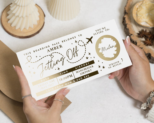 Personalised Holiday Reveal Ticket, Scratch To Reveal Gift, Jetting Off Boarding Pass, Gold Foil Gift Voucher