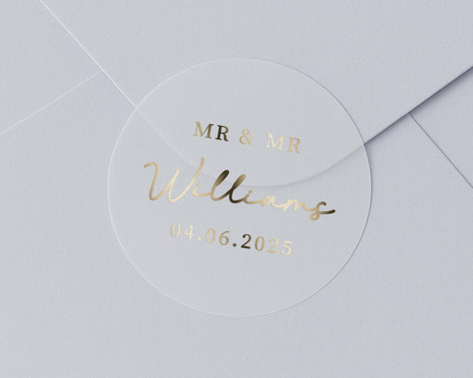Mr And Mr Wedding Sticker, Personalised Wedding Envelope Seal, Gold Foil Wedding Sticker, Custom Name Date Sticker, Gay Wedding Favour Label