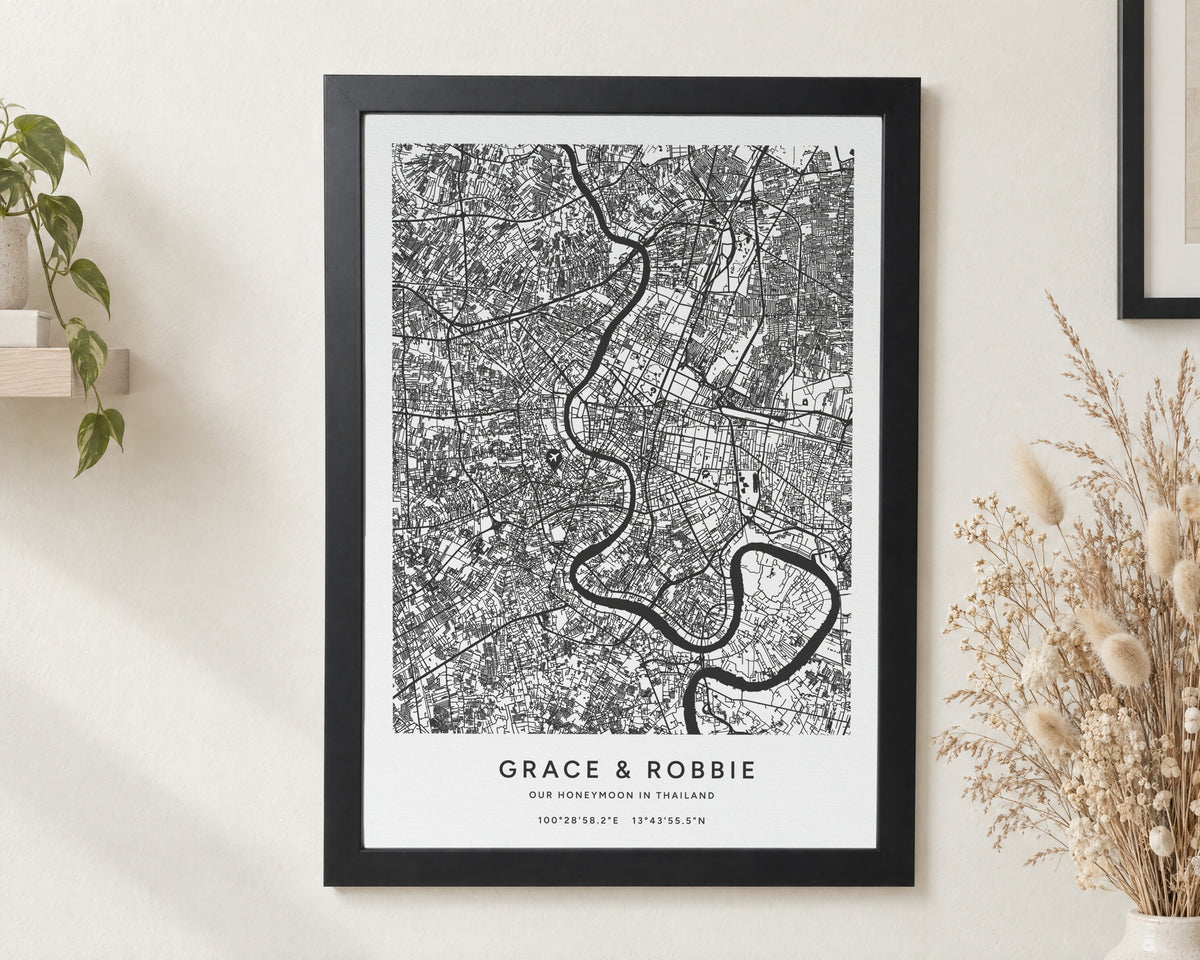 Personalised Map Print, Custom Location Map, Coordinates Wall Art, Honeymoon Keepsake, Couple Gift, Black Framed Print