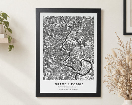 Personalised Map Print, Custom Location Map, Coordinates Wall Art, Honeymoon Keepsake, Couple Gift, Black Framed Print