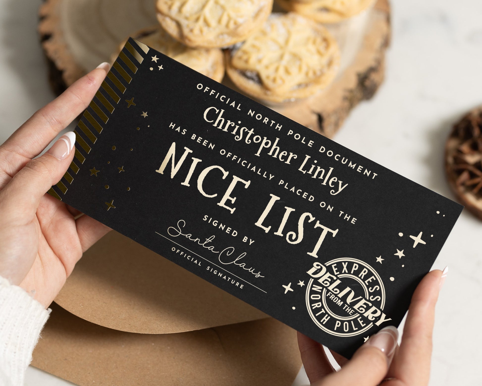 Personalised Nice List Certificate, North Pole Gift Voucher, Christmas Gift, Gold Foil, Official Santa Certificate, For Kids