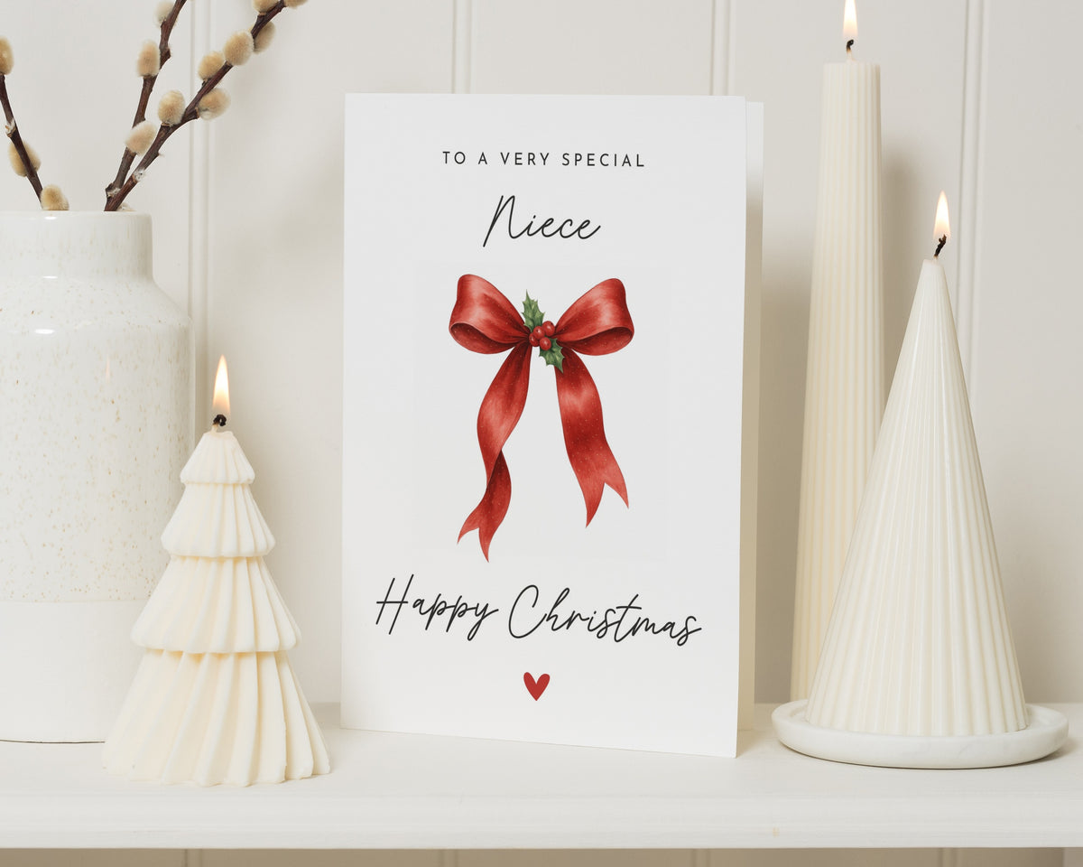 Niece Christmas Card, Christmas Card for Niece, Happy Christmas Card, Cute Christmas Card for Her, Red Bow Christmas Card