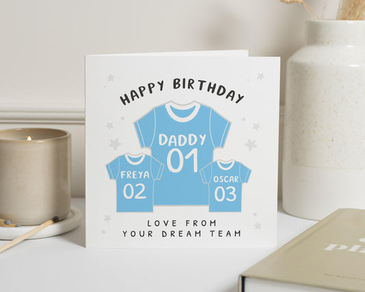 Birthday Card for Daddy, Personalised Birthday Card for Dad, Daddy Birthday Card from Kids, Football Shirt Card, Birthday Card for Him