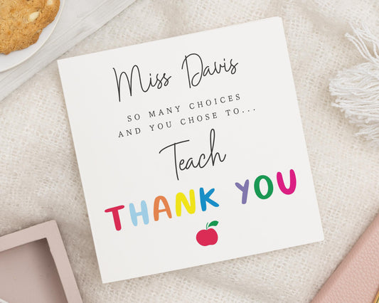 Teacher Thank You Card, Thank You Card for Teacher, Personalised Teacher Card, End of Term Card, Rainbow Thank You Card