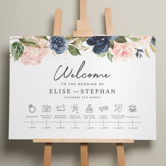 Floral Blush And Navy Sign, A1 Wedding Order Of Events Sign, Personalised Wedding Itinerary, Greenery Wedding Day Timeline Of Events &#39;Elise&#39;