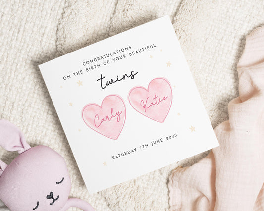New Baby Card for Twins, Personalised Twins Card, Baby Girl Twins Card, Birth of Twins Card, Cute New Baby Card, Twins Congratulations Card
