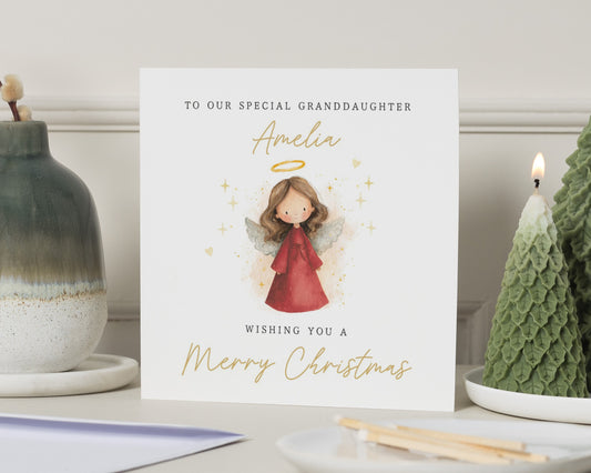 Christmas Card for Granddaughter, Personalised Angel Christmas Card, Merry Christmas Card for Girl, Cute Christmas Card for Kids