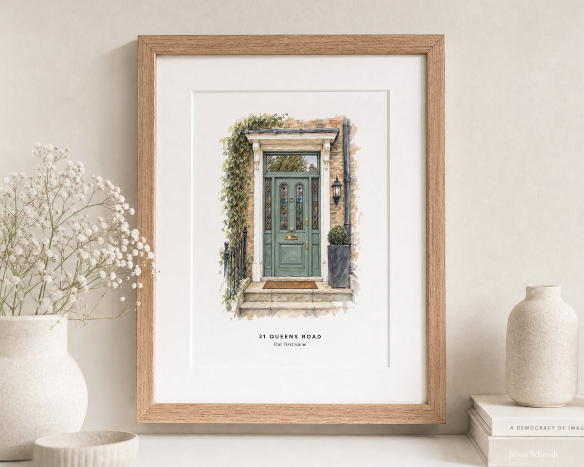 Personalised House Portrait from Your Photo, Custom Address Illustration, New Home Gift, First Home Wall Art, Oak Framed Print With Mount