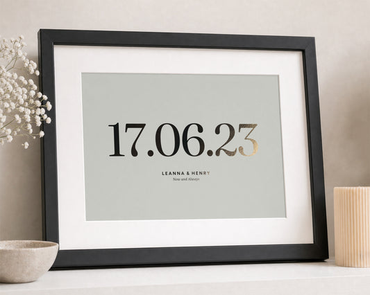 Personalised Gold Foil Date Print, Muted Green Wall Art, Wedding Gift for Couple, Anniversary Gift, Black Framed Print With Mount