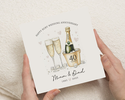 Ruby Wedding Anniversary Card, 40th Anniversary Card for Mum and Dad, Personalised Anniversary Card, Champagne Anniversary Card
