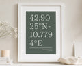 Personalised Coordinates Print, Green Wall Art, Custom Location Print, New Home Gift, House Warming Gift, White Framed Print With Mount
