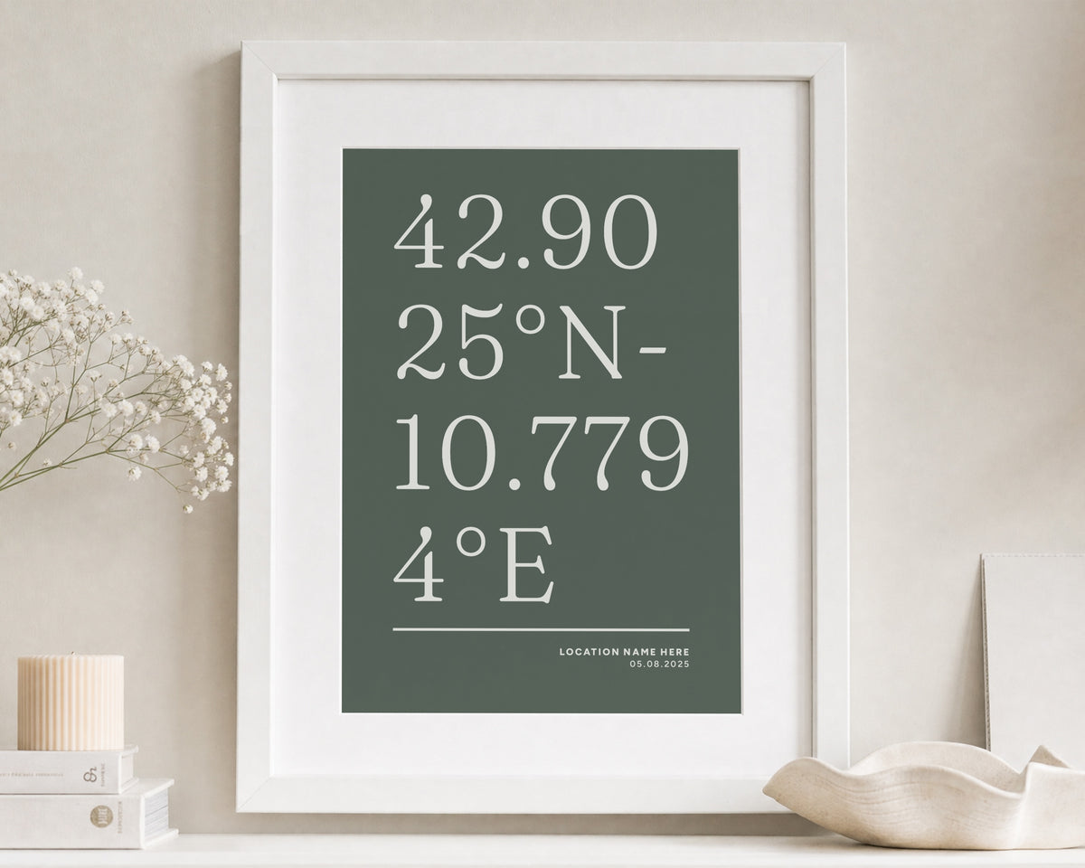 Personalised Coordinates Print, Green Wall Art, Custom Location Print, New Home Gift, House Warming Gift, White Framed Print With Mount