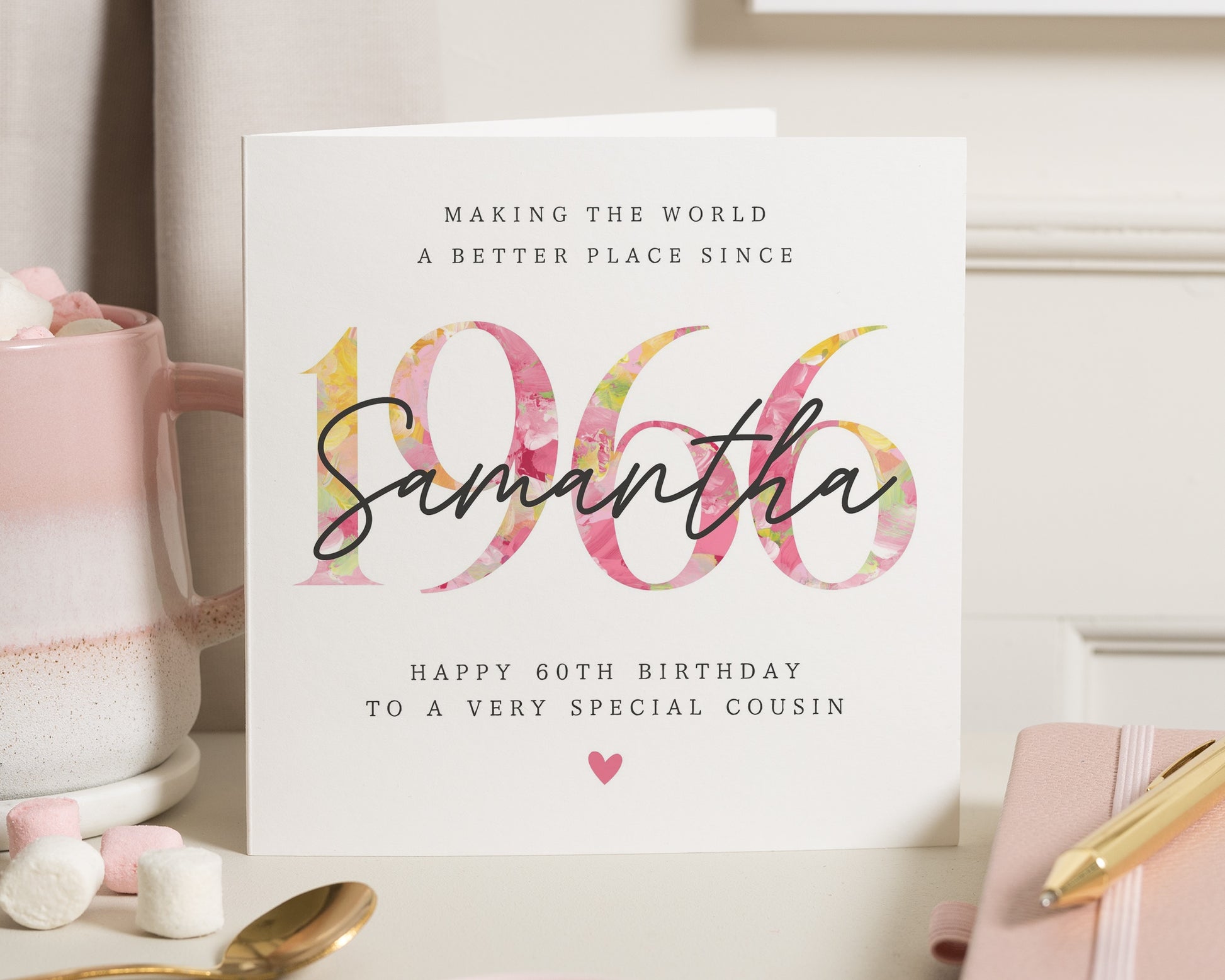 Personalised 60th Birthday Card for Cousin, 60th Birthday Card for Her, Floral Birthday Card, Custom Name Birthday Card, 60th Birthday Cards