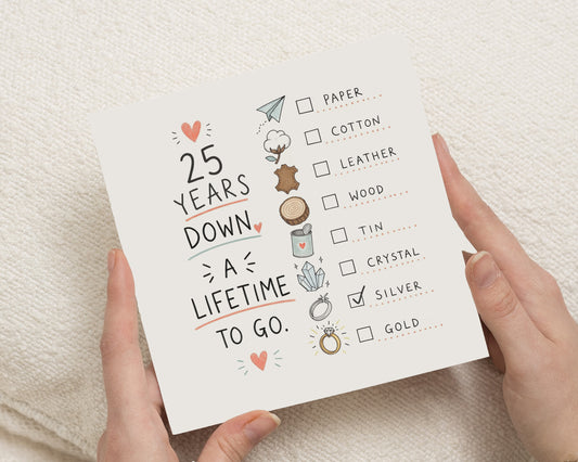 25th Anniversary Card, Silver Wedding Anniversary Card, Anniversary Card for Husband or Wife, 25 Years Married Card for Couple